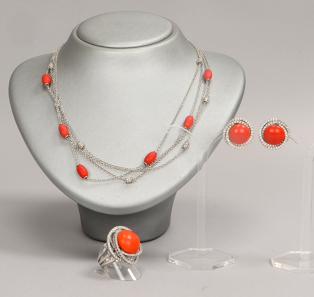 Leo Pizzo, exkl. Designer-Schmuckset, 750 WG (gest.), mit Koralle und Diam., 3-tlg.
