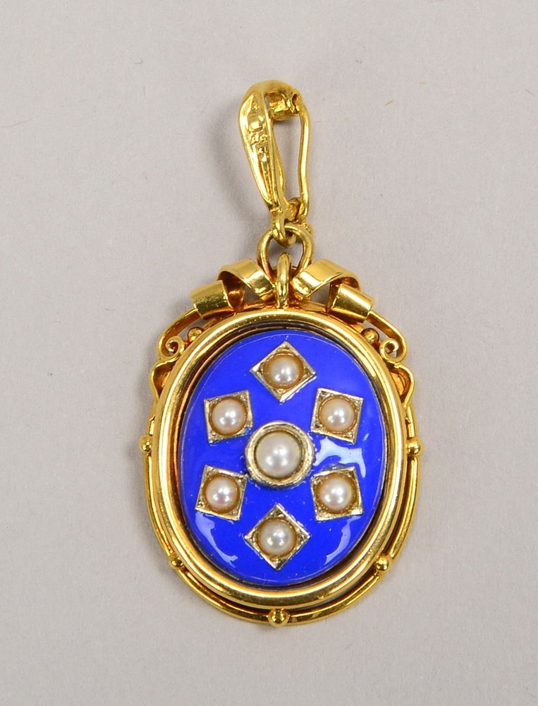 Anhänger, 585 GG (gest.), blau emailliert, mit 7x Saatperlen, Clipschl.; Gew. 8,50 g