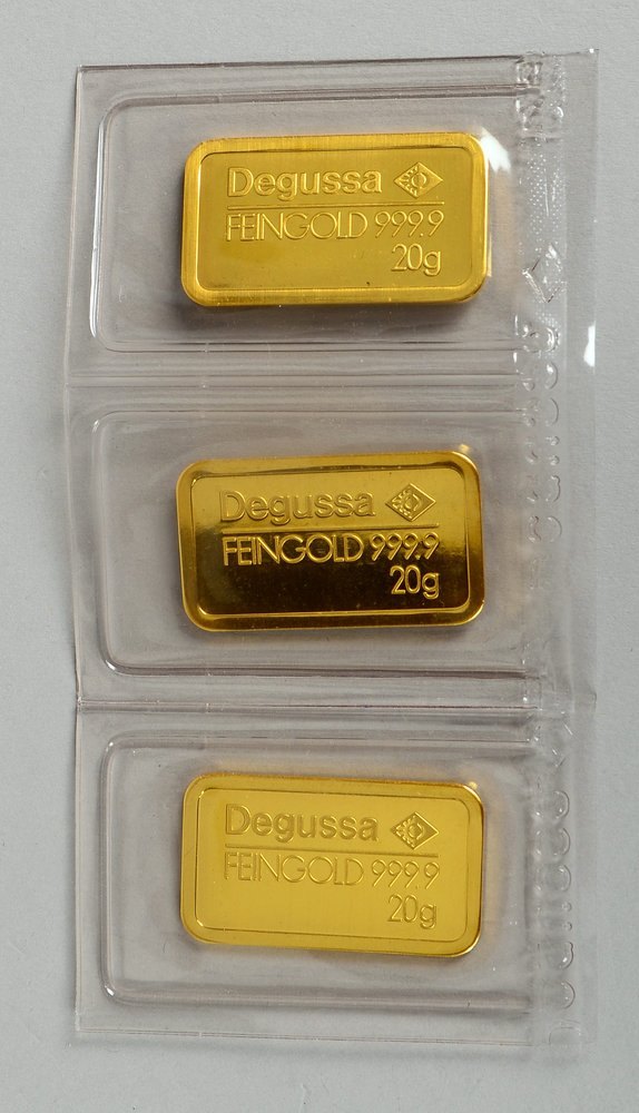 Degussa, 3 Feingold-Barren, 999,9/1.000, jeweils à 20 g - in OVP; Gew. 60 g