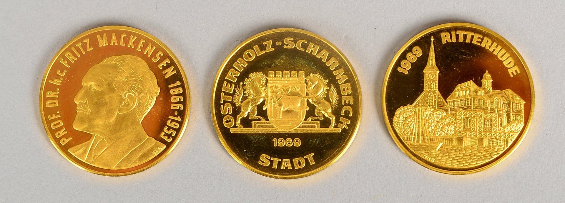 3 Münzen, 986/1.000 Feingold (23,6 kt): 'Ritterhude', 'Worpswede', 'OHZ'; Gew. ca. 30 g