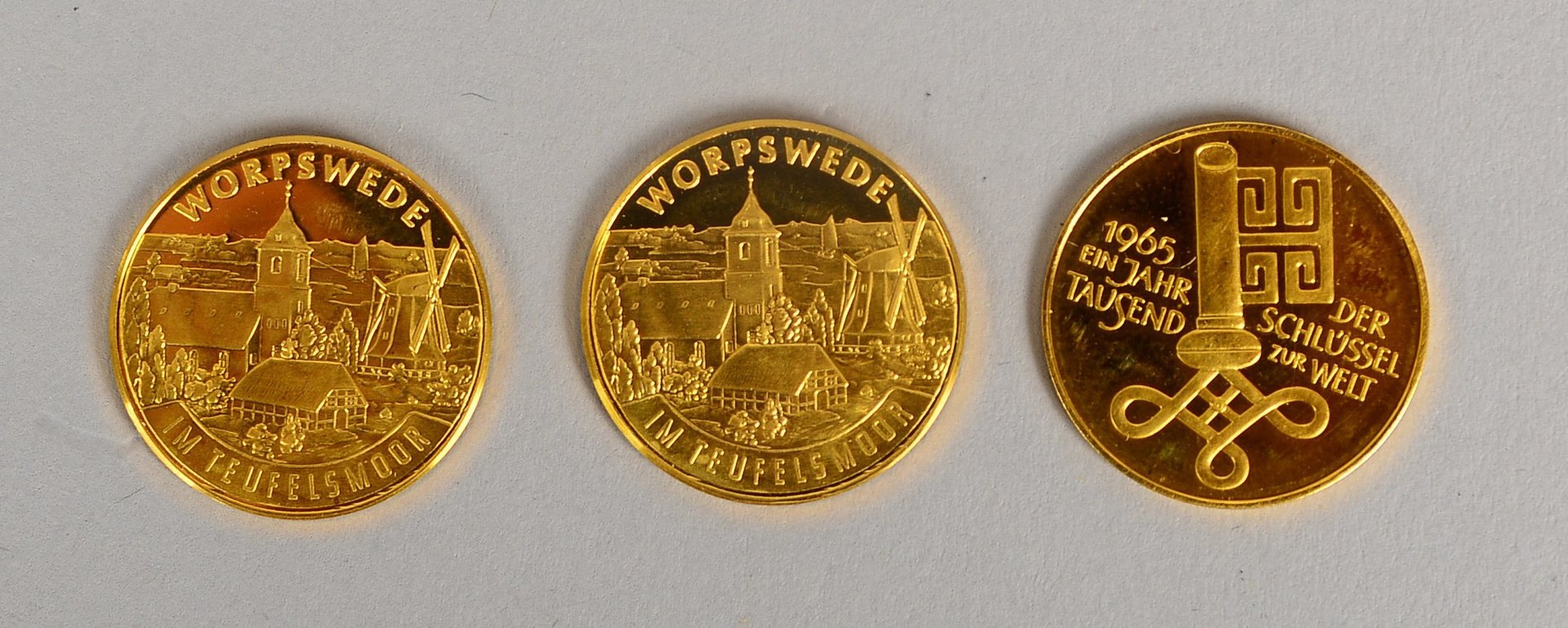 3 Münzen, 986/1.000 Feingold (23,6 kt): 2x 'Worpswede', 1x 'Bremen'; Gew. 11,47 g