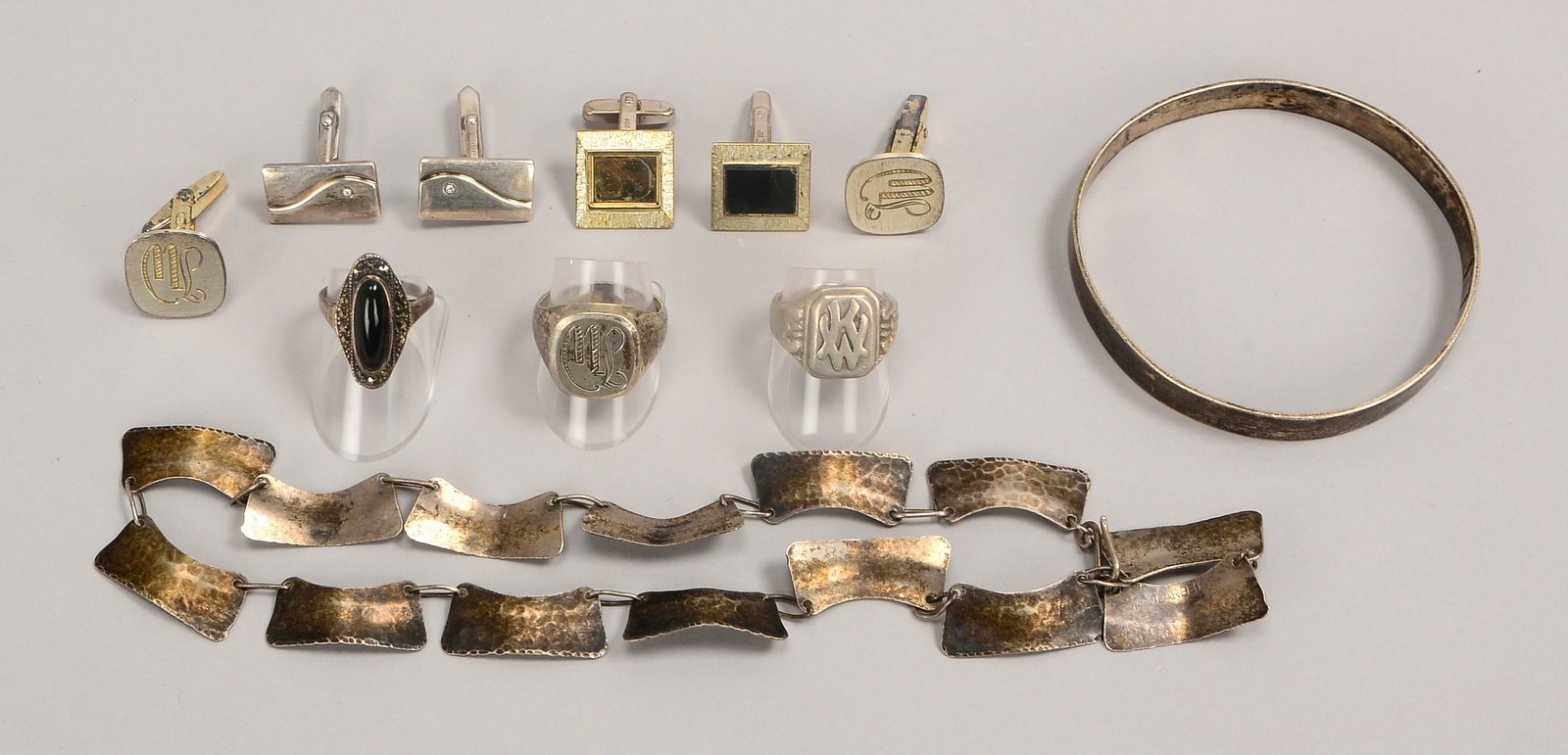 Silberschmuck: Halskette, Armreif, 3x Ringe, 3 Paar Manschettenknöpfe; Gew. 104 g