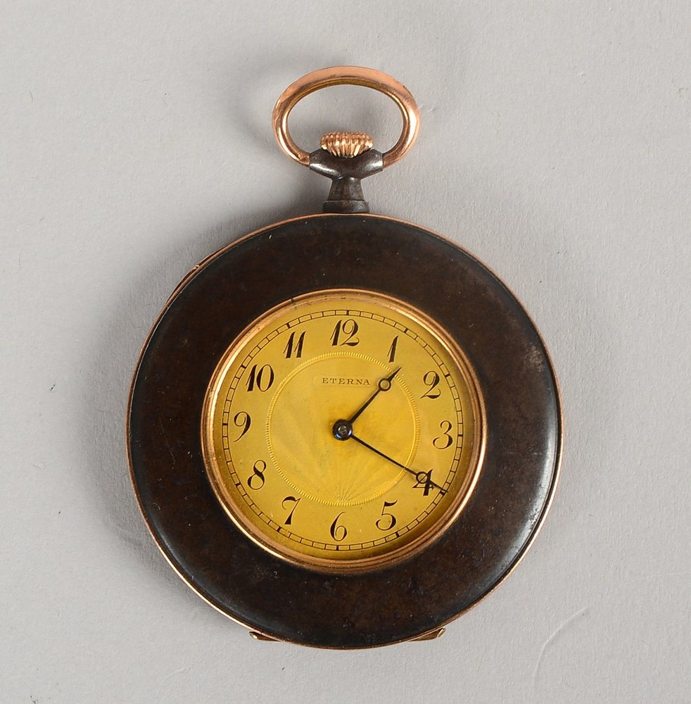 Taschenuhr, Eterna, Kupfergehäuse/part. geschwärzt - Uhr läuft an; Ø 5 cm
