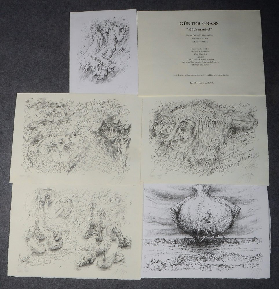 Grass, Günter, 5x Lithografien (3x aus 'Küchenzettel'), jeweils signiert, und 3x Textseiten