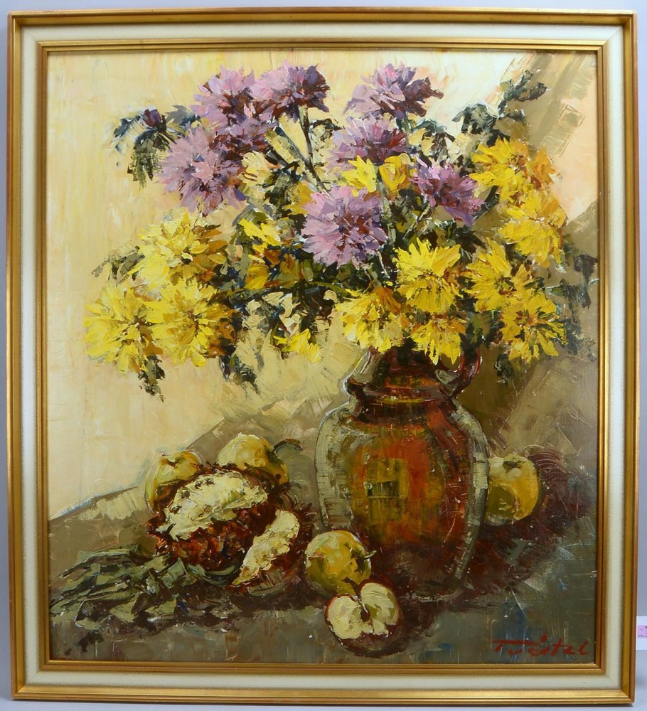 Trätzl, Robert, 'Tischstillleben mit Obst und Blumen', Öl/Lw, unten rechts sign.