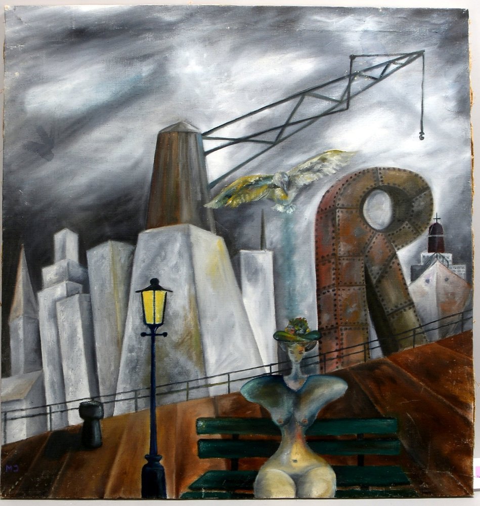 Irmer, Michael, Bühnenentwurf, 'Hafenszene', Öl/Lw, monogr.; Bildmaße 90 x 86 cm