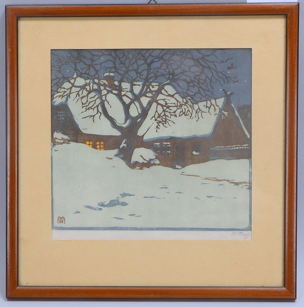 Maß, Helene, 'Winteridyll mit Bauerngehöft', Farbholzschnitt, bleisign./monogr.