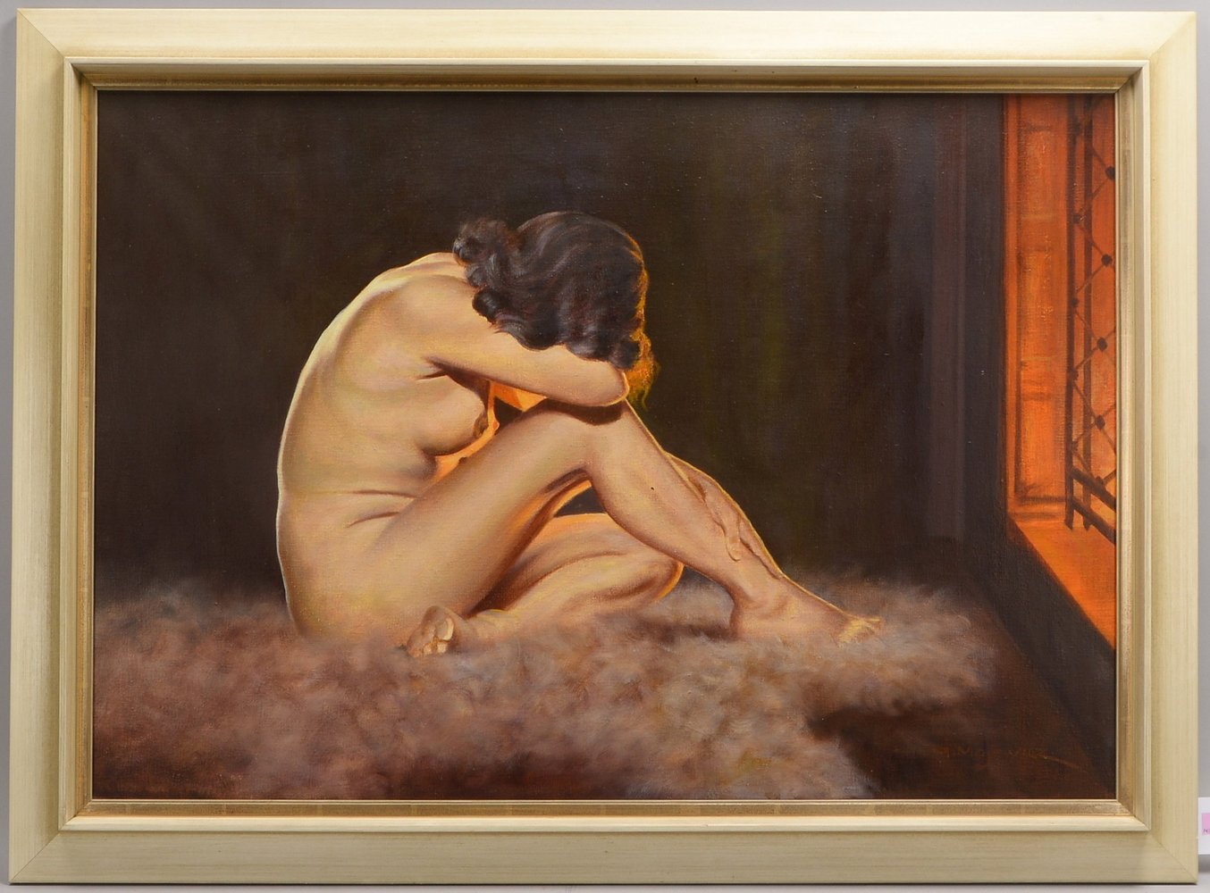 Majewicz, Georg, 'Akt vor dem Kamin', Öl/Lw, unten re. sign.; Rahmenmaße 85 x 115 cm