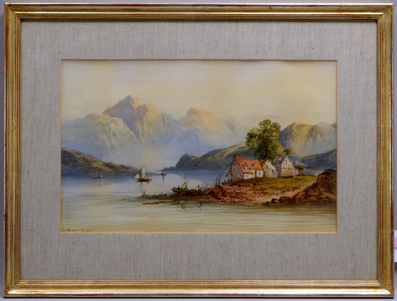 Herring, E.L., 'Romant. Seenlandschaft', Aquarell, sign./dat. '1849', unter PP hinter Glas