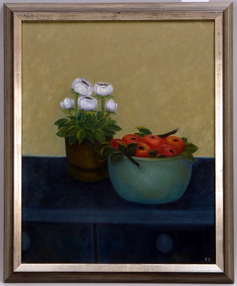 Schweitzer, Edith, 'Stillleben mit Blumen und Äpfeln', Öl/Lw, monogr.; Bildmaße 50 x 40 cm