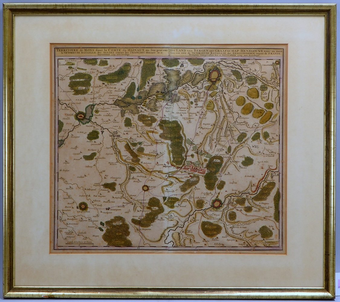 Histor. Landkarte, 'Mons (Bergen), Hennegau', Kupferstich/grenzkol., unter PP hinter Glas