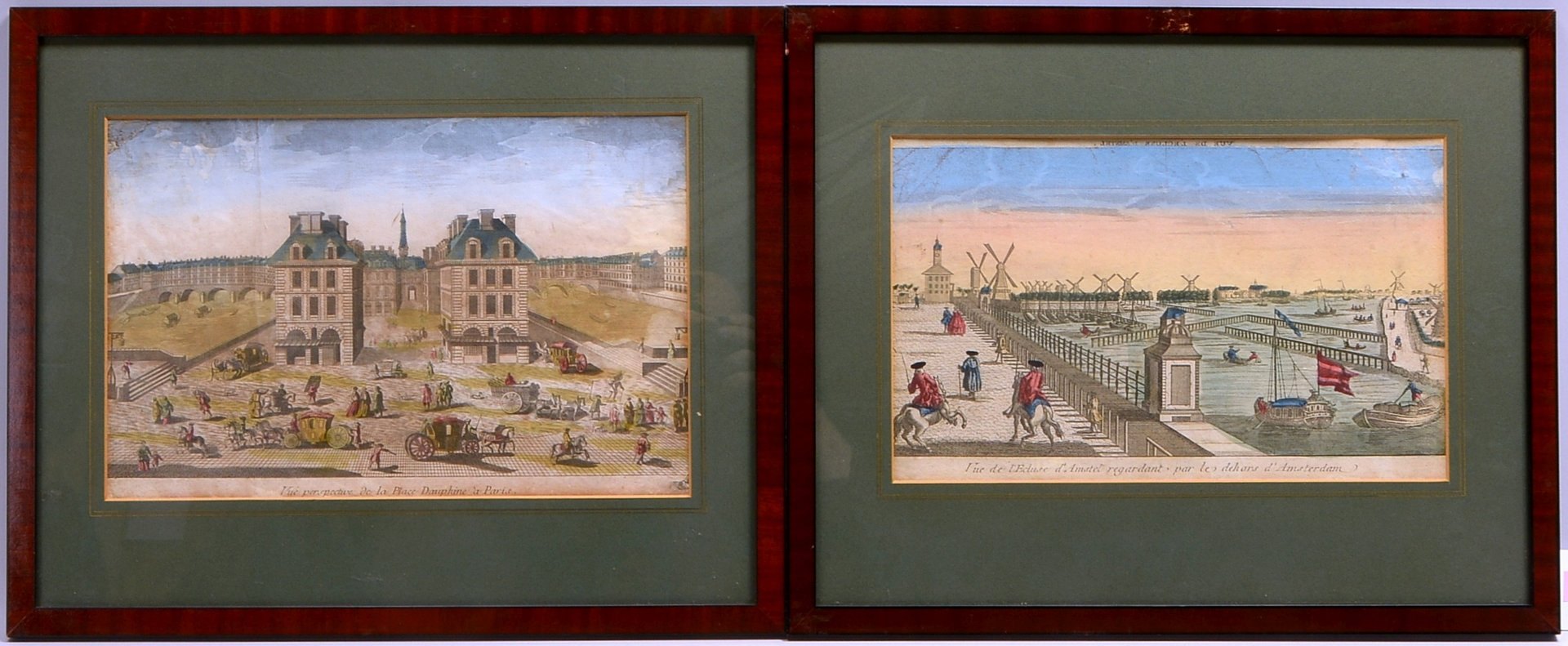 2 Guckkastenbilder, 'Paris'/'Amsterdam', Kupferstiche/handkol., unter PP hinter Glas