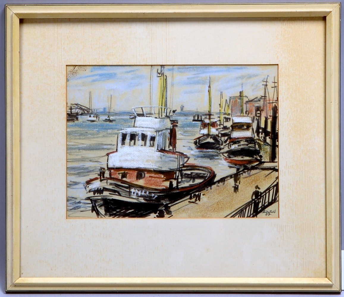 Pastell, 'Schiffe im Hafen', unten re. sign., unter PP hinter Glas; Rahmenmaße 40,5 x 47 cm