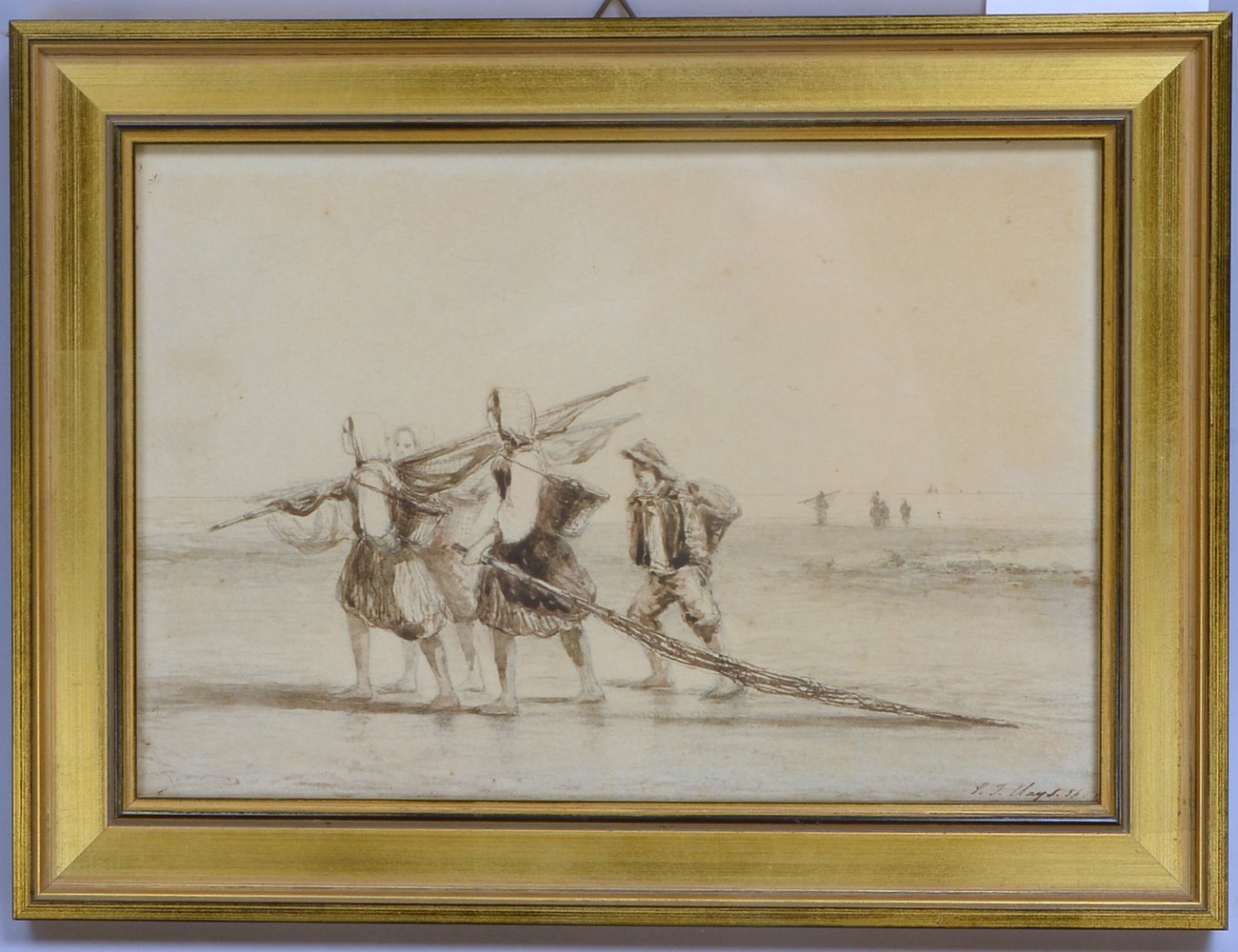 Mays, J.J., 'Fischerkinder mit Netzen', Sepia-Zeichnung, unten rechts sign./dat. (18)'56'