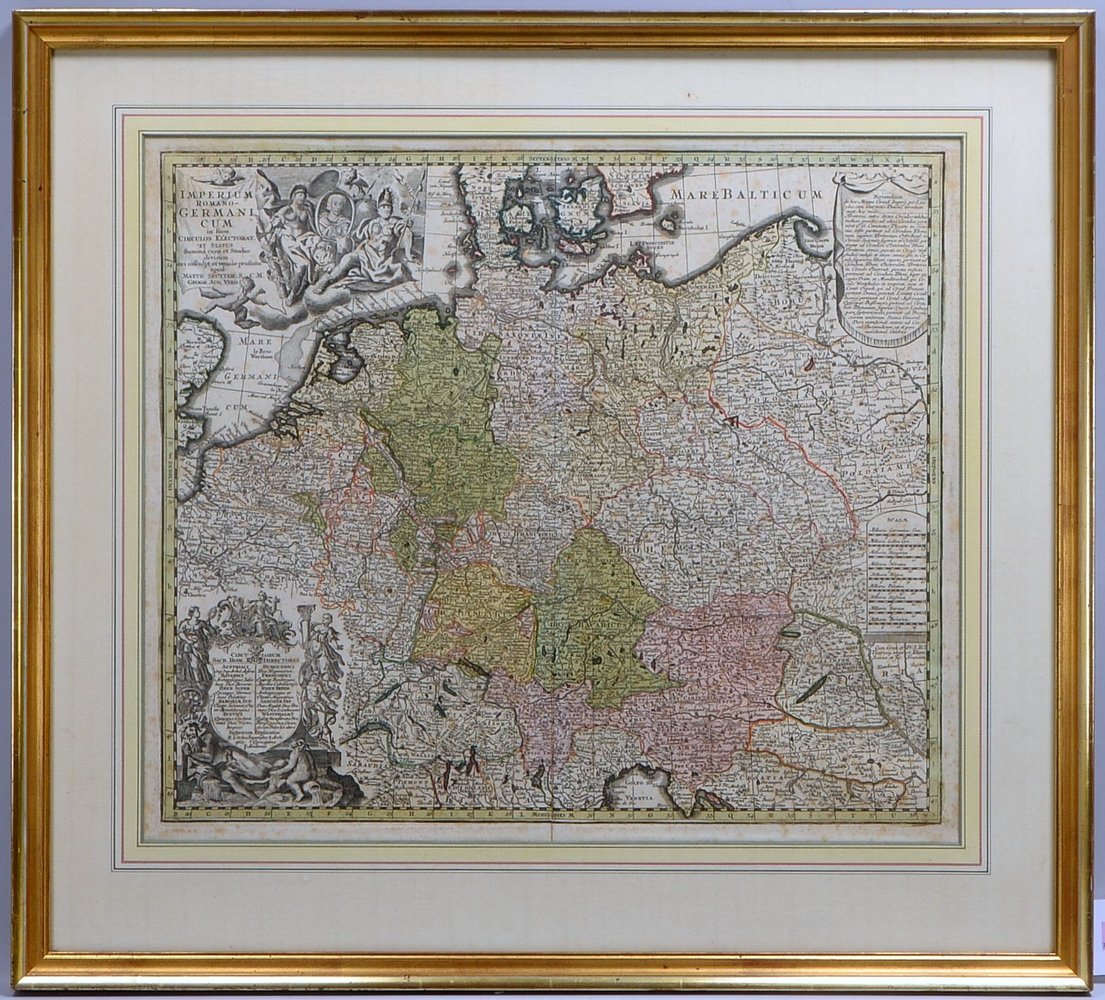 Histor. Landkarte, 'Röm.-germanisches Reich', Kupferstich/grenzkol., unter PP hinter Glas