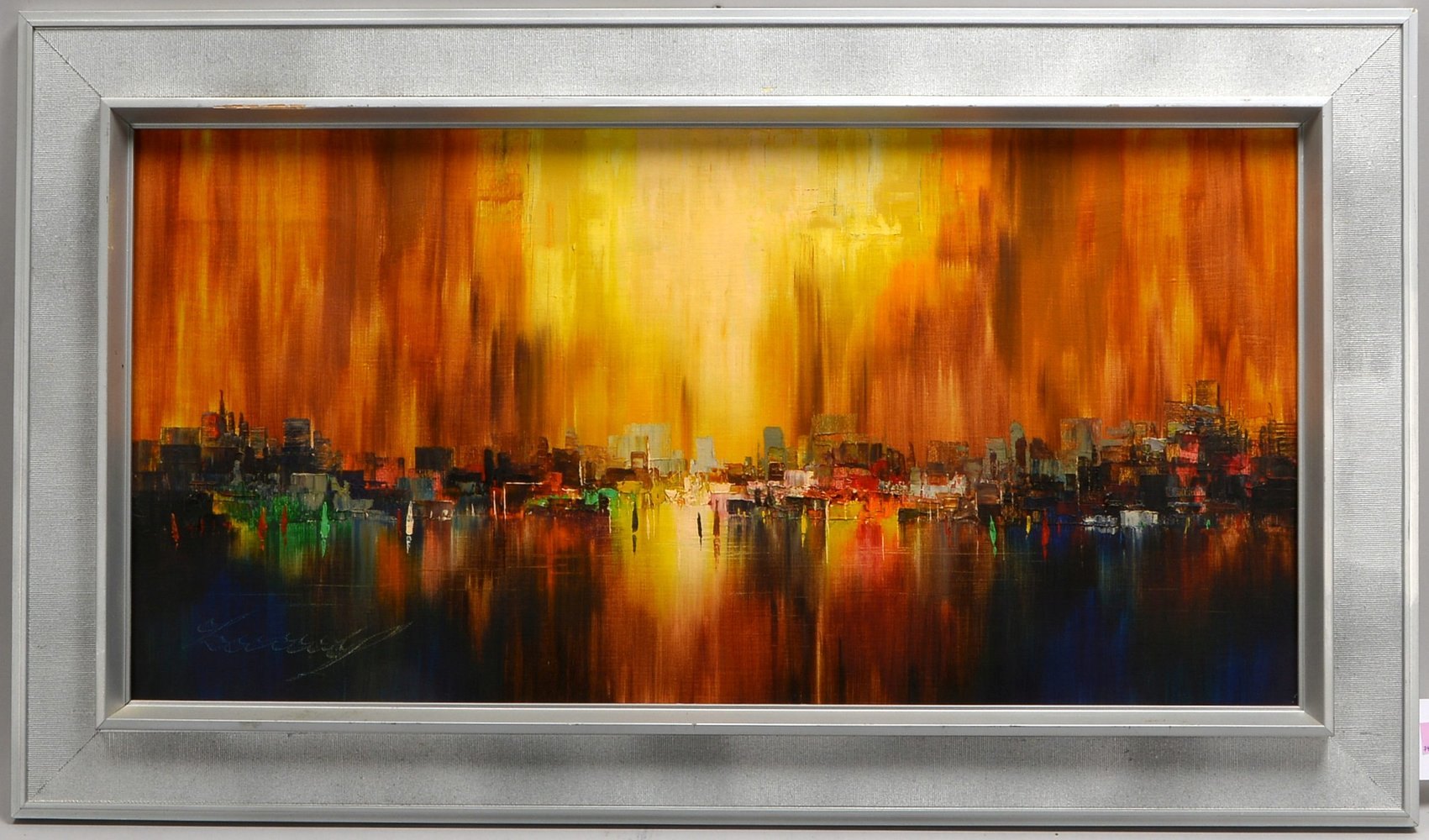 Gemälde, 'Stadtsilhouette am Wasser', Öl/Lw, unten li. sign.; Rahmenmaße 55 x 95 cm