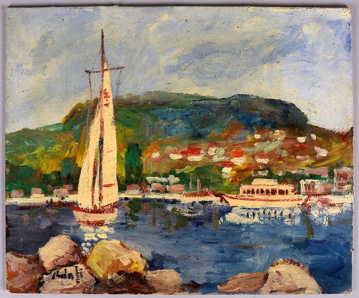 Bánfi, József, 'Südl. Landschaft mit Booten', Öl/Malkarton, sign., verso bez. 'Badacsony'