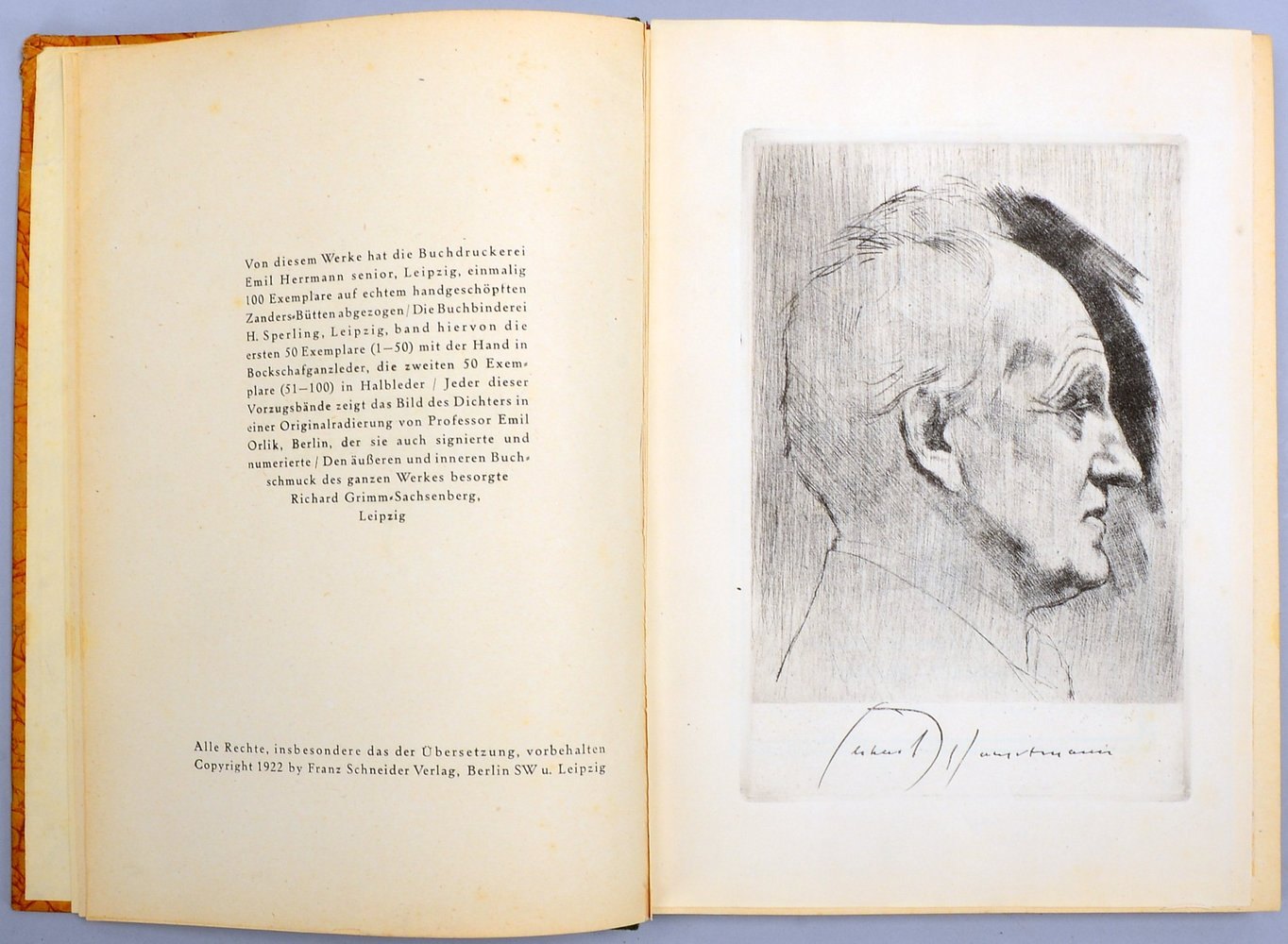 Orlik, Emil, 'Portrait Gerhart Hauptmann', seltene Radierung, dat. '1922', guter Zust.