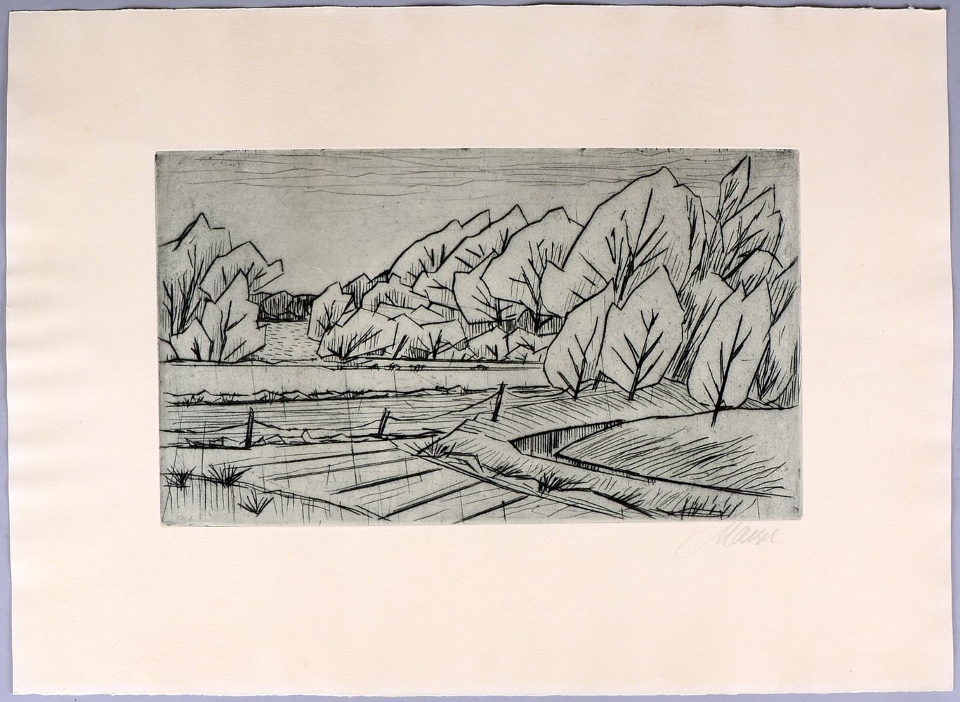 Maetzel, Emil, 'Baumbestandene Landschaft...', Radierung, handsign./dat. '1950'