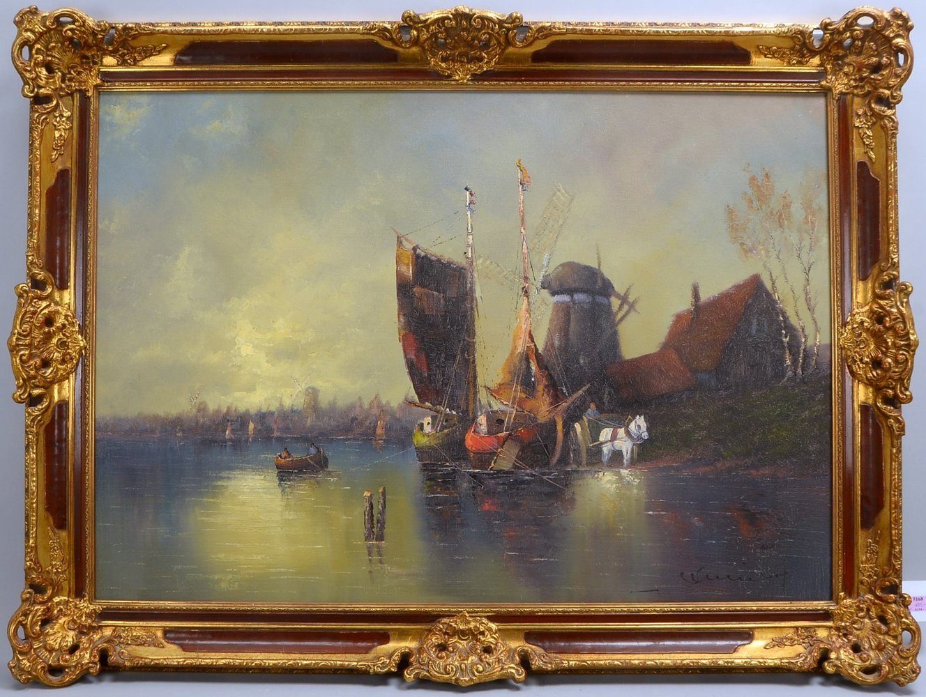 Gemälde, 'Anland. Fischerboote vor Mühlenhof', Öl/Lw, sign.; Rahmenmaße 87 x 118 cm