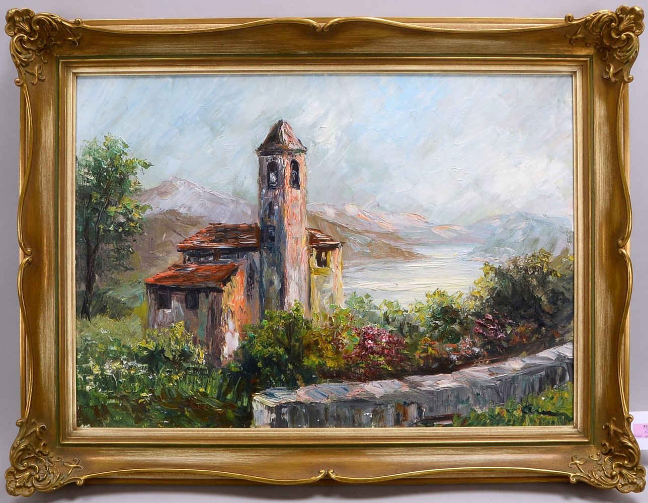 Alvare, Piettore, 'Landschaft mit Kirche', Öl/Lw, unten re. sign.; Rahmenmaße 65 x 86 cm
