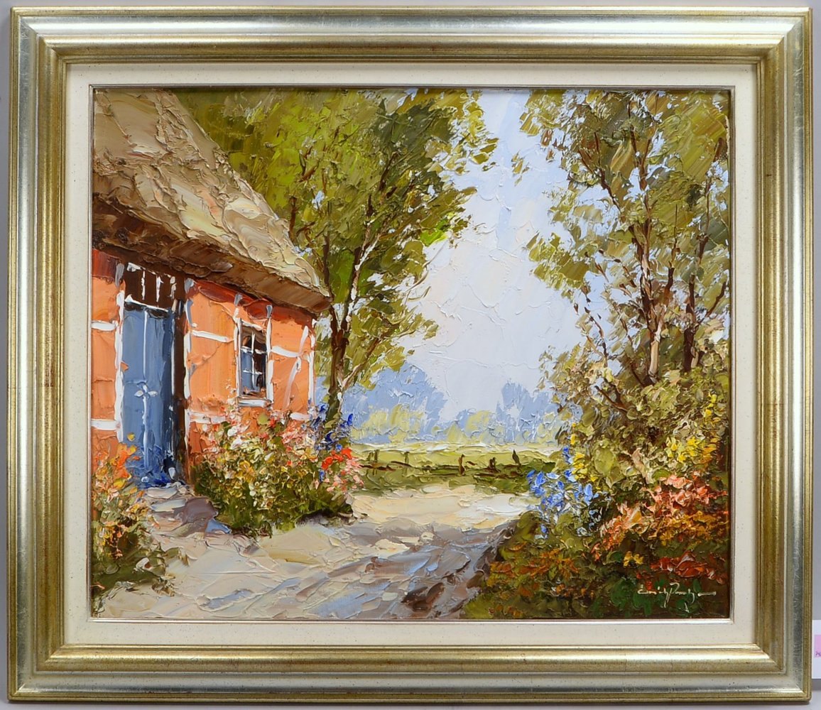 Gemälde, 'Landidyll mit Reetdachhaus', Öl/Lw, unten re. sign.; Rahmenmaße 64 x 74 cm