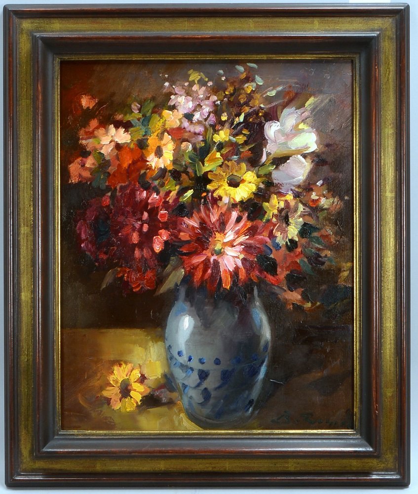 Gemälde, 'Blumen im Tonkrug', Öl/Lw, unten rechts sign.; Rahmenmaße 64 x 54 cm