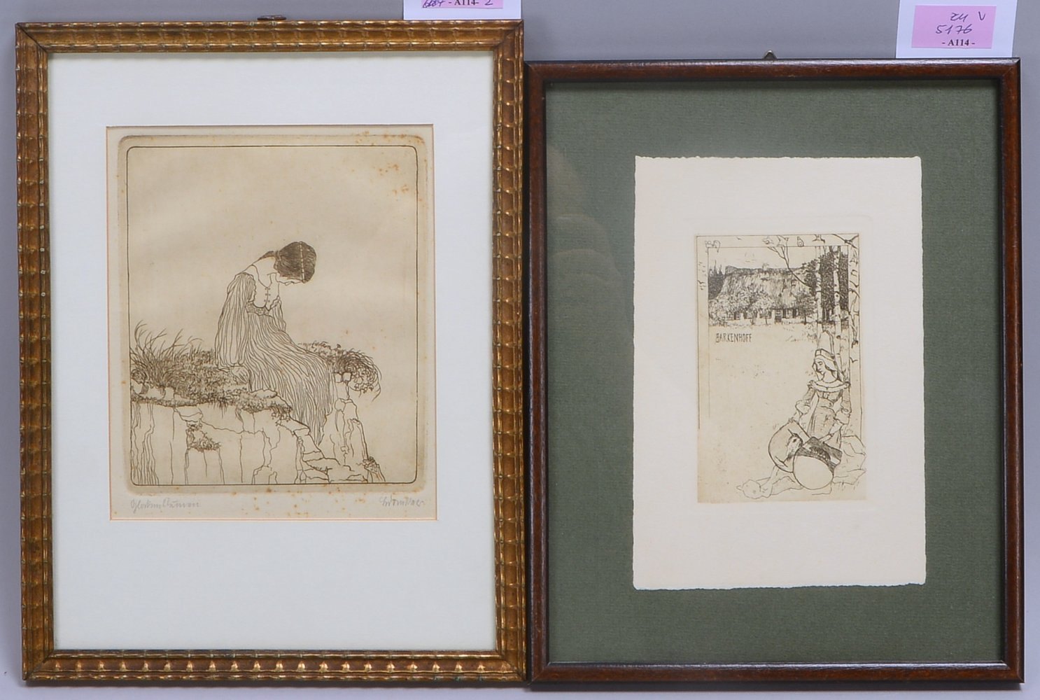 2 Radierungen: 'Barkenhoff', Exlibris; und 'Glockenblumen', signiert, hinter Glas ger.