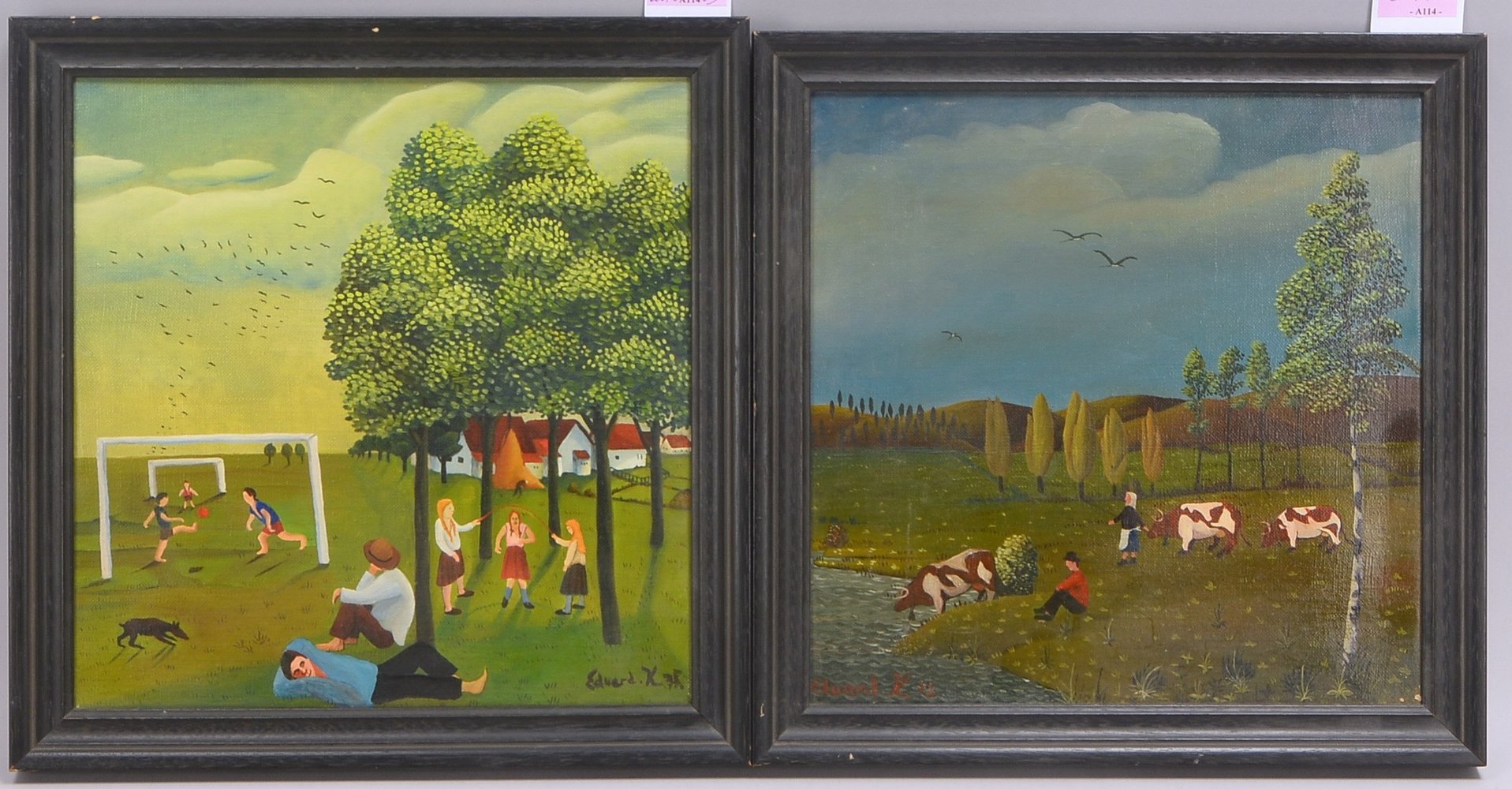 2 naive Malereien: 'Am Spielplatz', und 'Kühe an der Tränke', jeweils sign./dat. (19)'75'