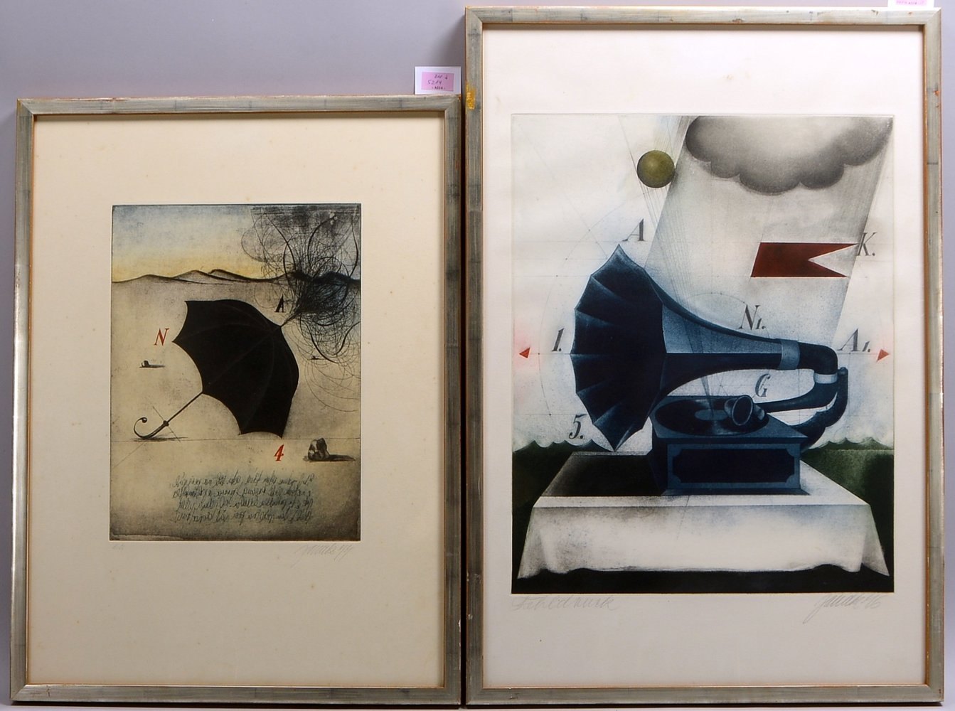 Janak, Alois, 2 Farbrad., 'Regenschirm', und 'Grammopho' (Fehldruck!), sign., hinter Glas