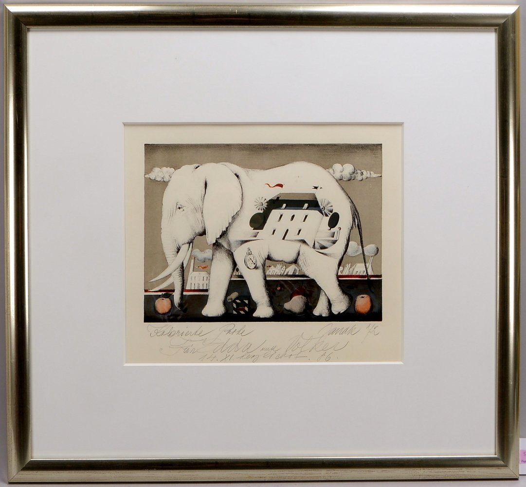 Janak, Alois, 'Elefant', Farblithogr., sign./dat. (19)'72', mit Widmung, unter PP hinter Glas