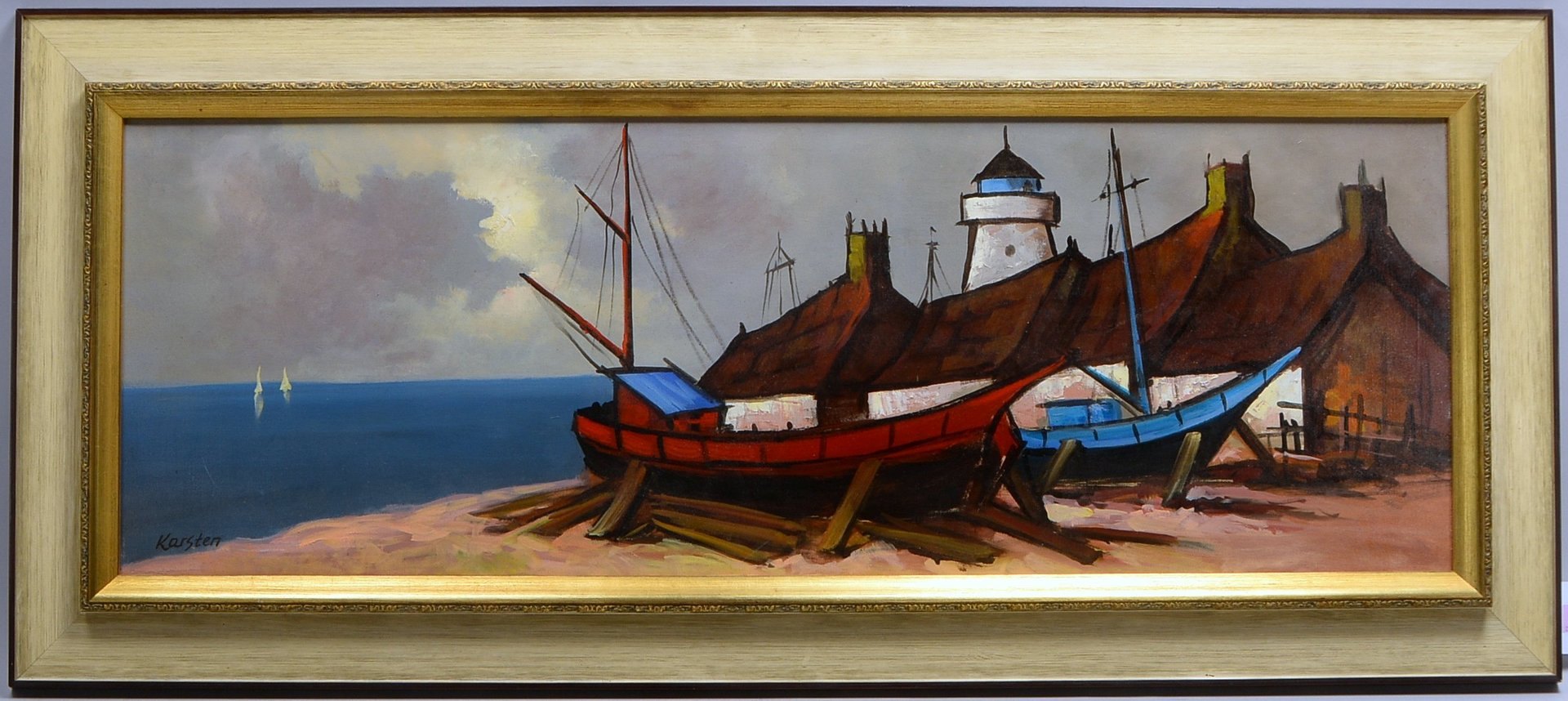 Karsten(-?), 'Anlandende Fischerboote', Öl/Lw, unten links signiert; Bildmaße 35 x 100 cm