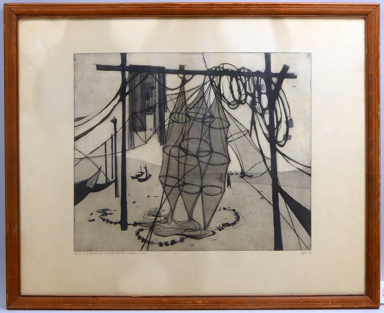 Eglau, Otto, 'Netze am Meer', Radierung, sign./dat. (19)'56', hinter Glas gerahmt