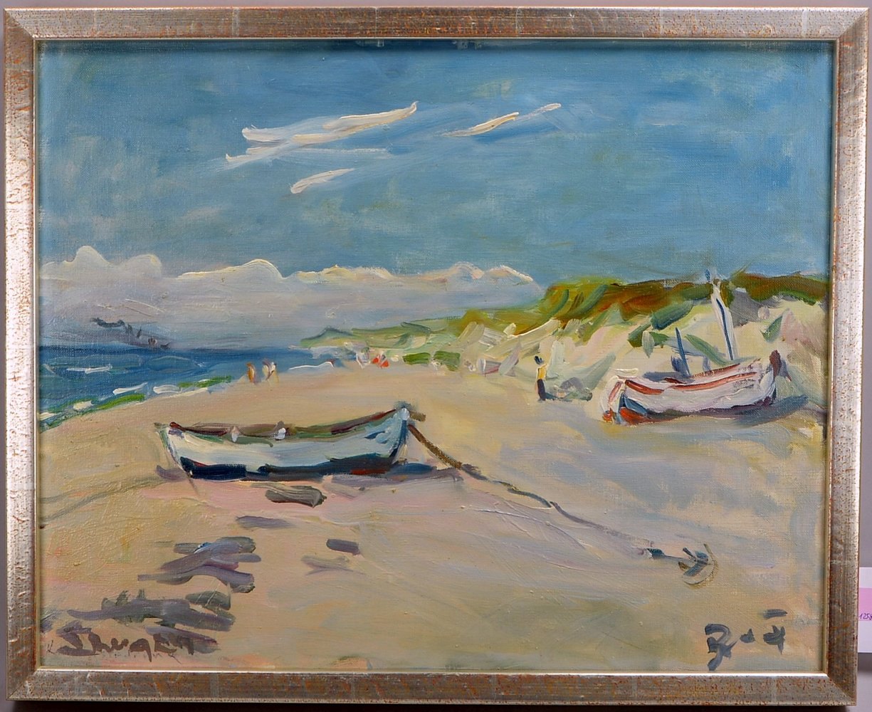 Aage, Bernhard Frederiksen, 'Boote vor Dünenlandschaft', Öl/Lw, unten li. sign.