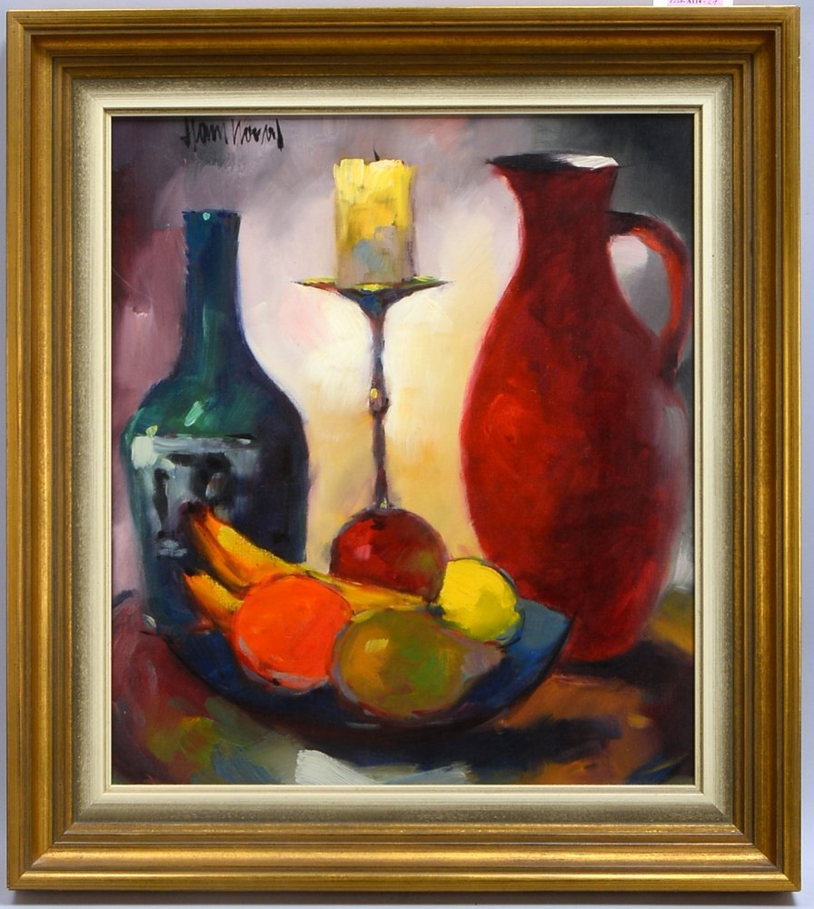 Nowak, H., 'Tischstillleben mit Obst und Flaschen', Öl/Lw, sign.; Rahmenmaße 60 x 54 cm