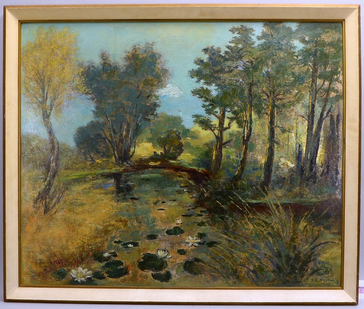 Hartwig, Emil Bert, 'Waldteich mit Seerosen', Öl auf Hartfaser, sign., bez./dat. '1955'