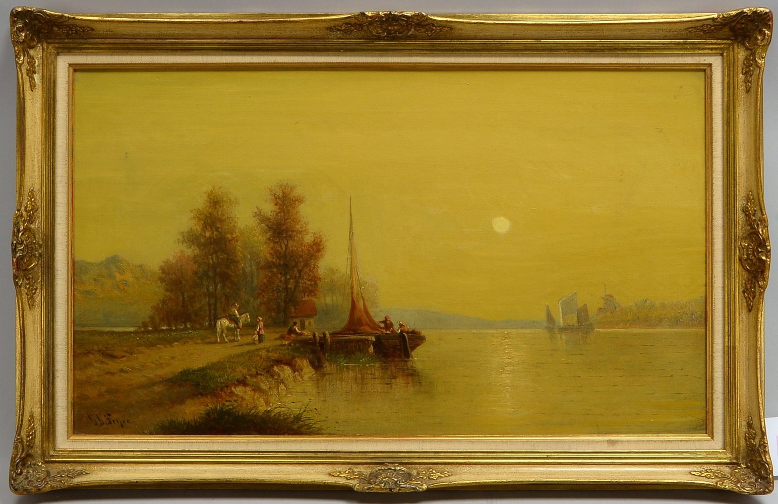 Gemälde, 'Anlandendes Boot', Öl/Lw, unten li. sign.; Rahmenmaße 46 x 71 cm