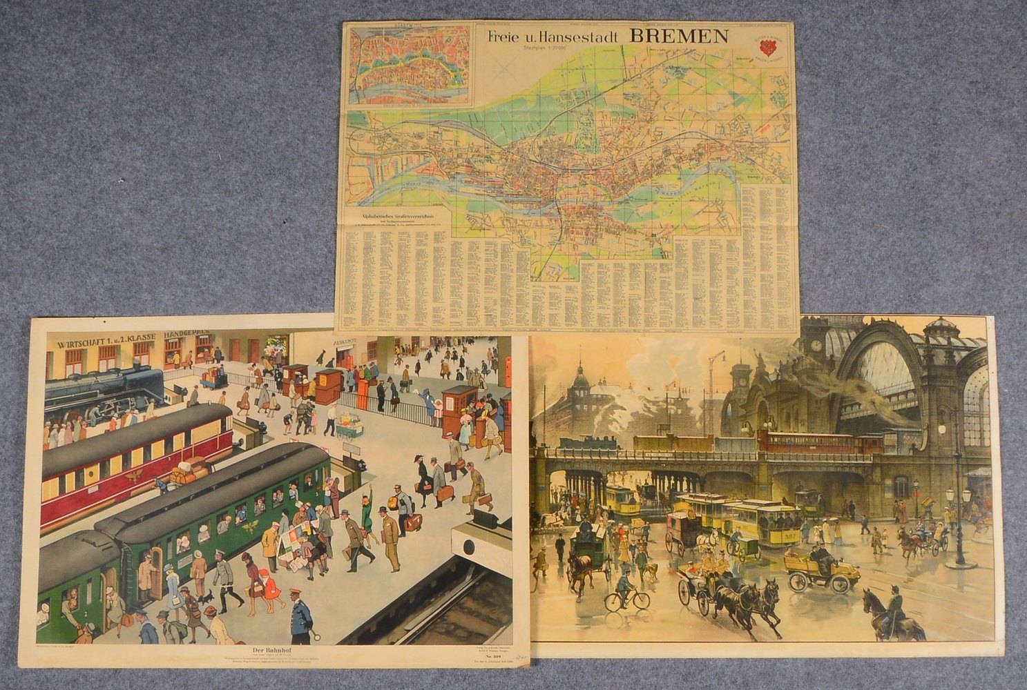 Chromolithogr. 'Bhf. Berlin Friedrichstr.', Offsetdruck 'Der Bhf.', und 'Stadtplan Bremen'