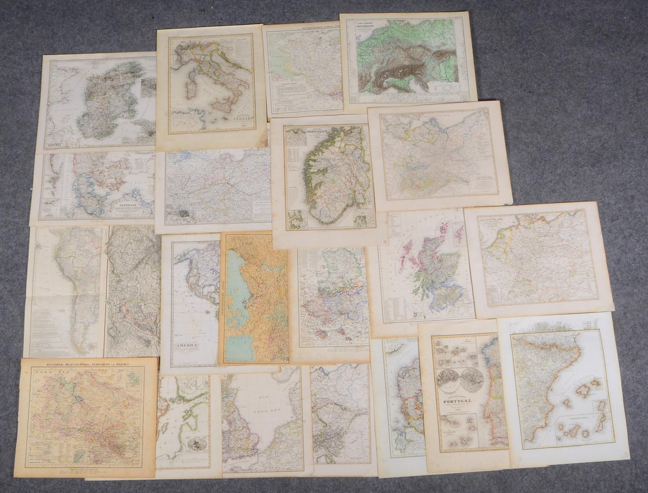 Histor. Stahlstiche (um 1850), geograf. Ansichten: 'Europa', 'Nord-/Südamerika', meist grenzkol.