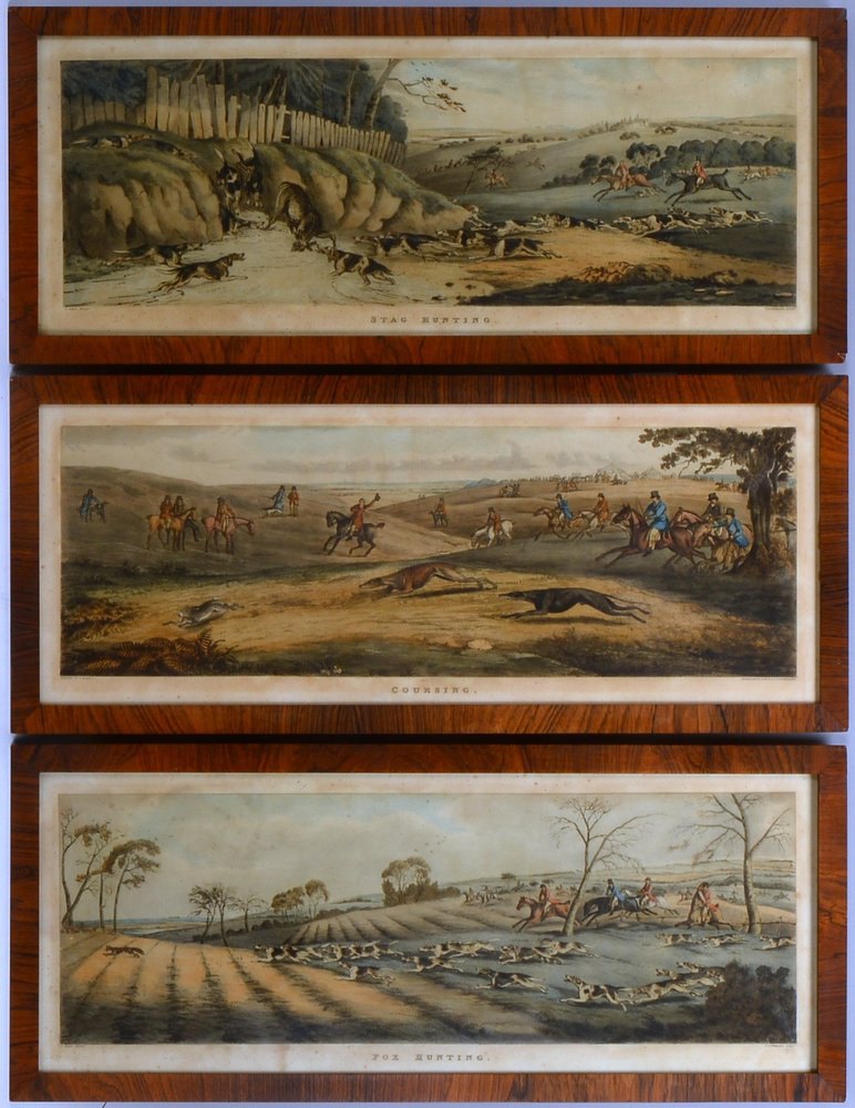 Kl. Grafikkonvolut (England, alt), 3 kol. Lithogr., 'Jagdszenen', hinter Glas