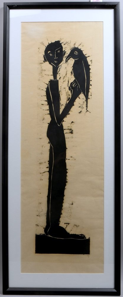 Herrmann, Peter, 'Figur mit Vogel', Holzschn./Blattgold, monogr./numm., unter PP
