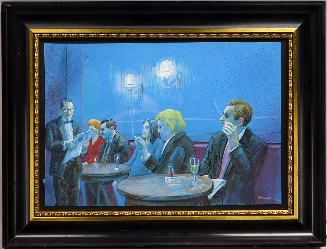 Brosi, Ambros, 'Im Café', Mischtechnik/Papier, sign., hinter Glas; Rahmenmaße 38,5 x 50,5 cm