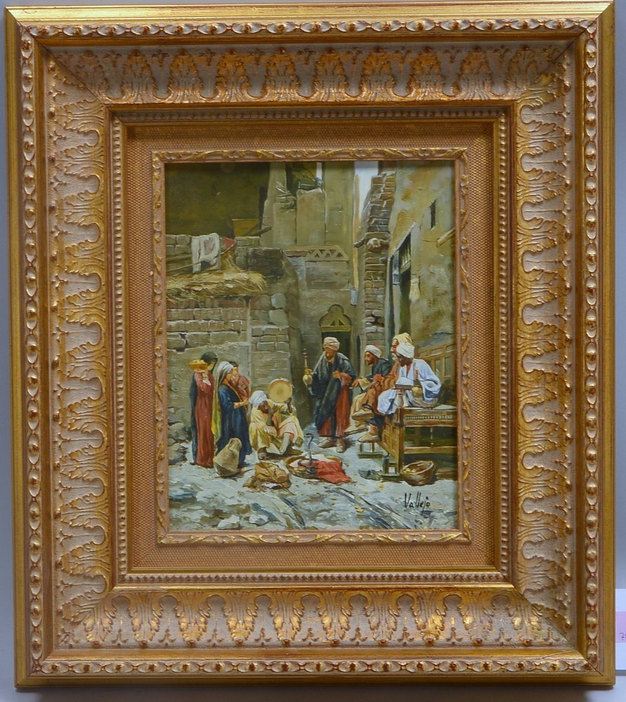 Gemälde, 'Der Schlangenbeschwörer', Öl auf Holz, sign. 'Vallja'(?), im Prunkrahmen