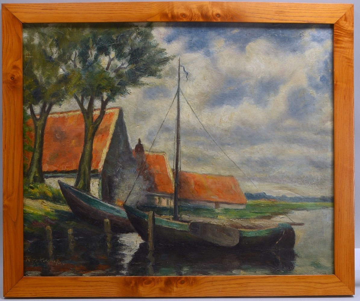 Roskamp, H., 'Flusslandsch. mit Gehöft und Booten', Öl auf Lw/hinterlegt; Maße 64 x 80 cm
