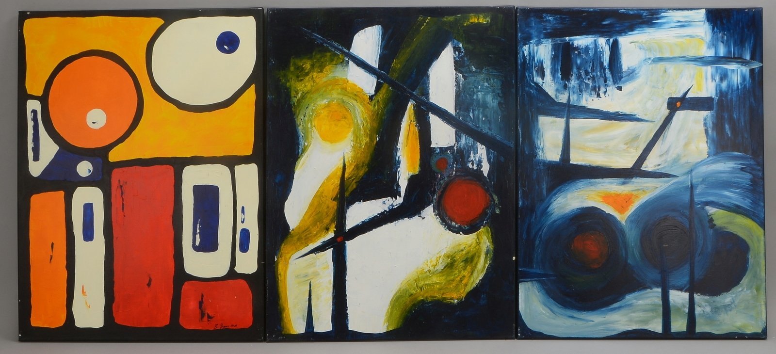Graue, B., 3 Gemälde, 'Abstrakt', Öl/Lw, 1x signiert; Maße jeweils 80 x 60 cm