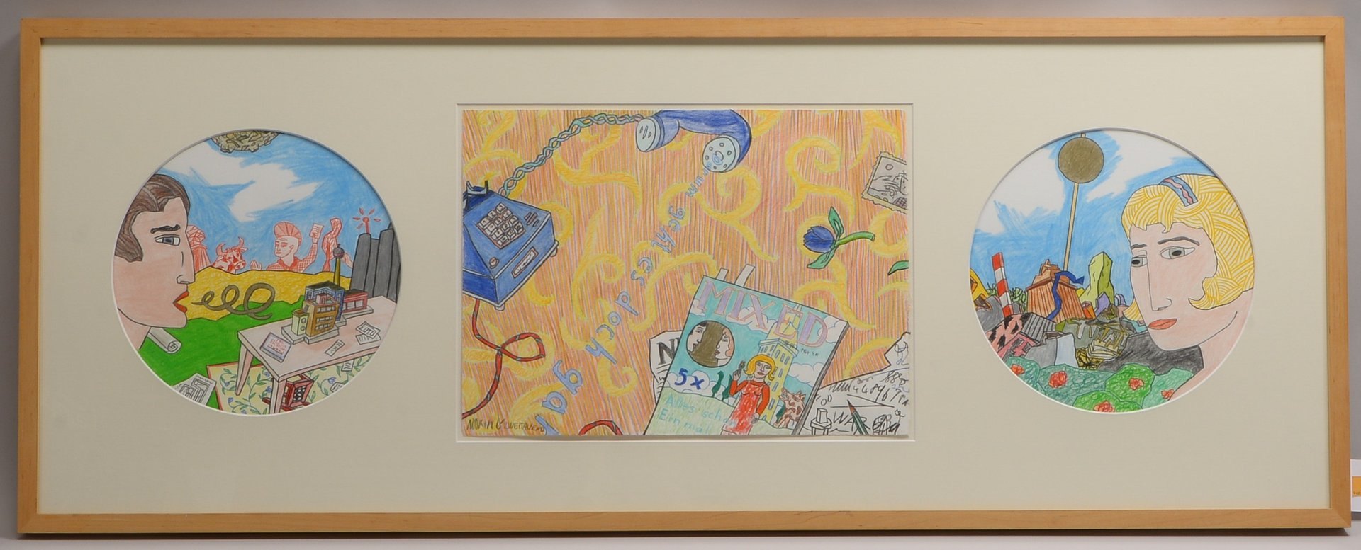Götze, Moritz, 'Mixed', Bleistift/Buntstift, sign./dat., Triptychon unter PP hinter Glas