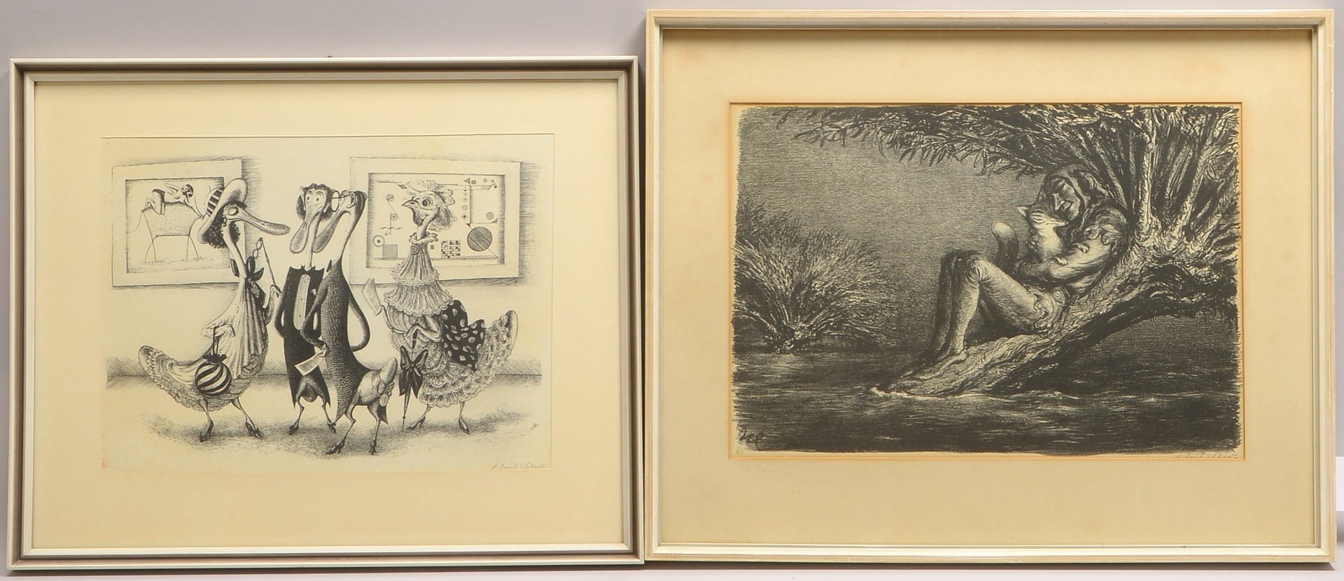 Weber, Paul, 'Die Geduldigen', und 'Federvieh im Gespräch', Lithogr., sign., hinter Glas ger.