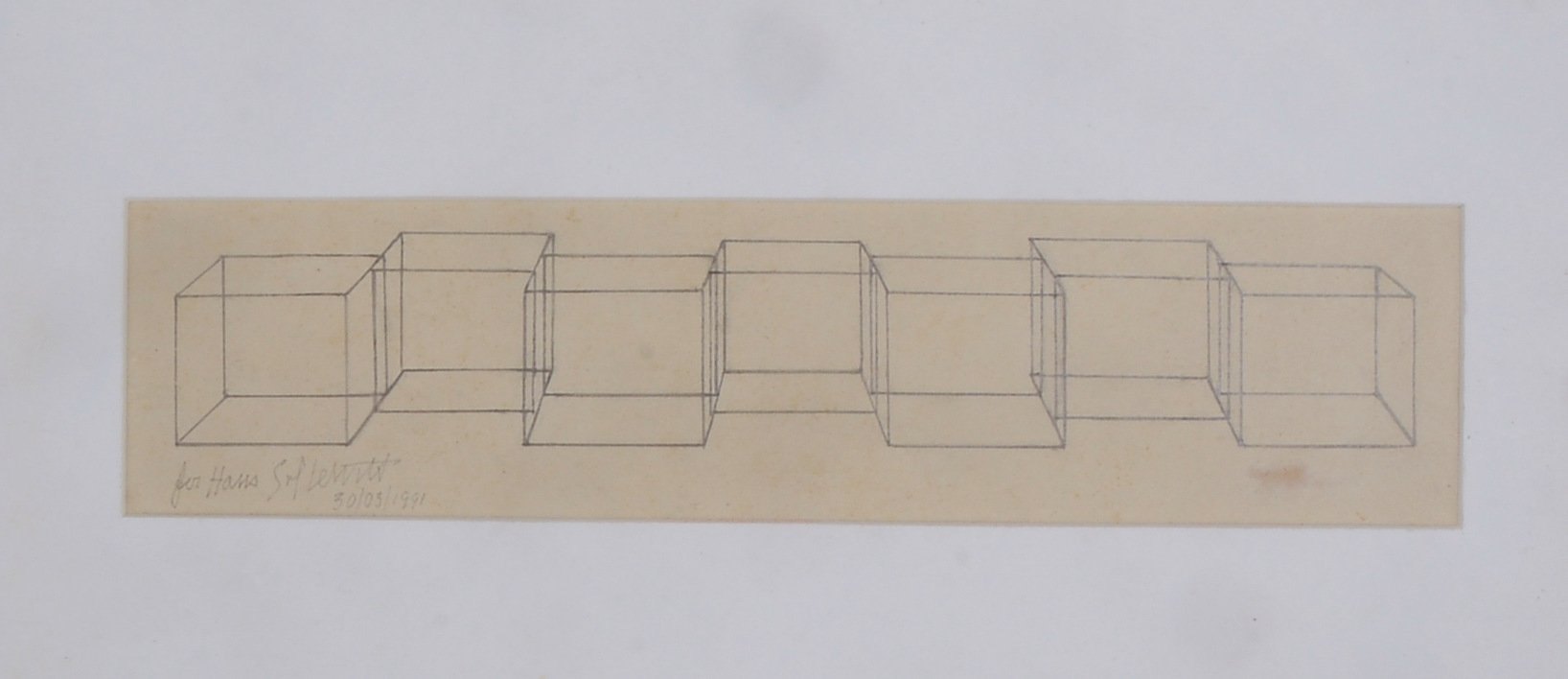 LeWitt, Sol, 'Offene Würfel', Bleistiftzeichn., sign./dat., mit Widmung, Maße/Ausschn. 30 x 7 cm