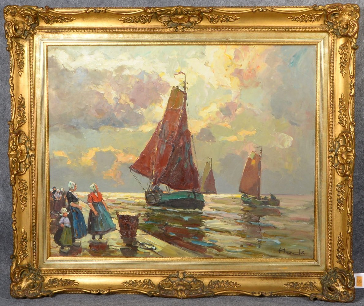 Herendel, Harry, 'Fischhändlerin vor Plattbodenschiffen', Öl/Lw, sign., im Prunkrahmen