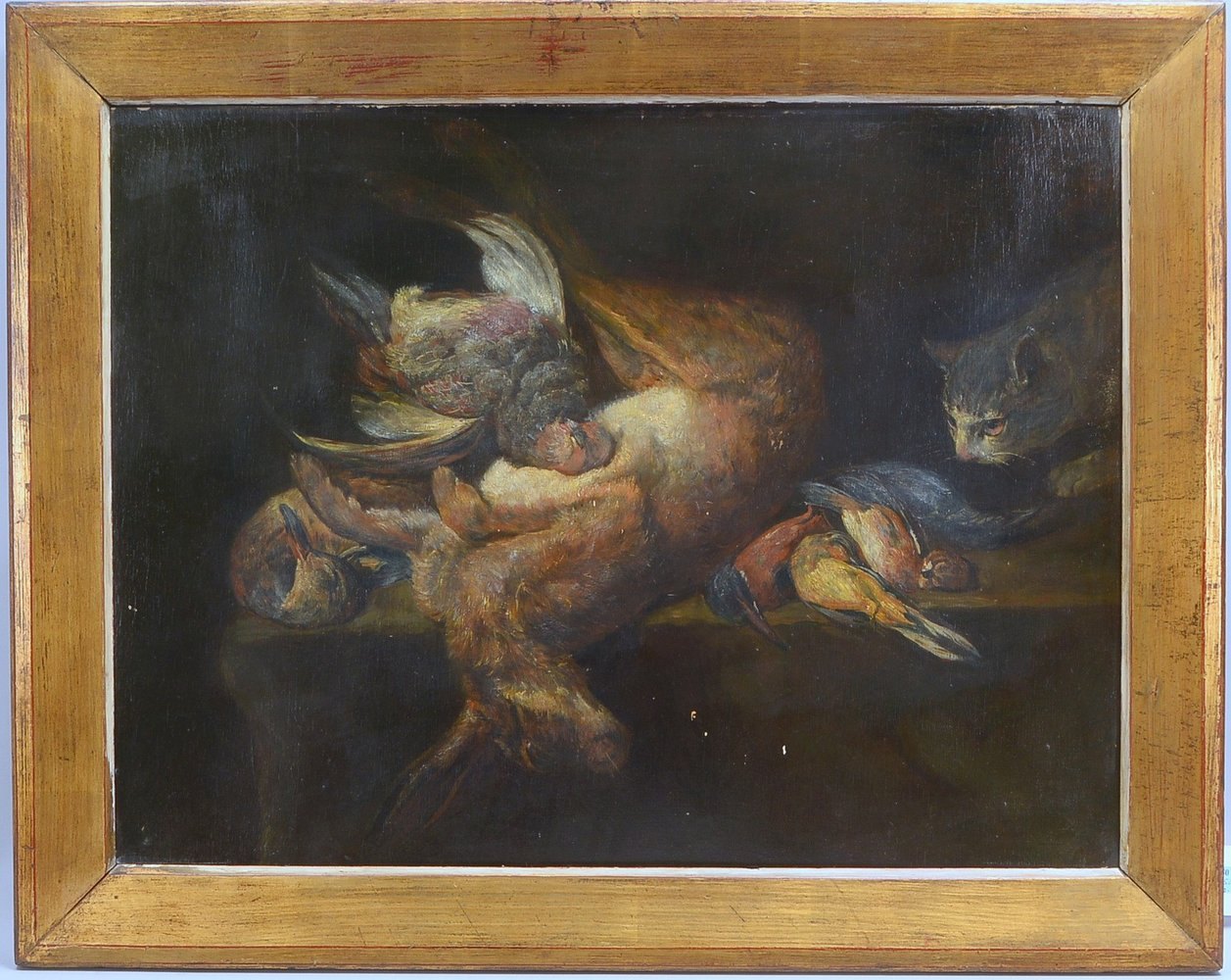 Gemälde, 'Jagdstillleben mit Katze', Öl auf Holz, unsign.; Rahmenmaße 74 x 93 cm